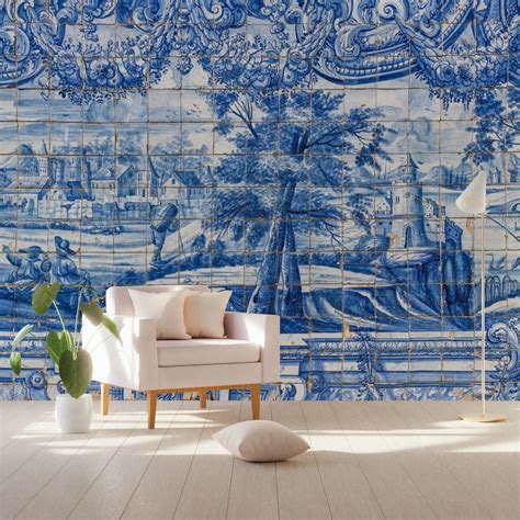 Blue Chinoiserie With Gold Brush Tile Pattern Wallpaper Mural Blue