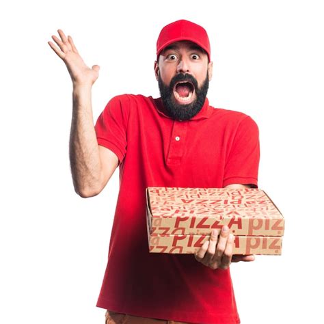Free Photo Pizza Delivery Man Doing Surprise Gesture
