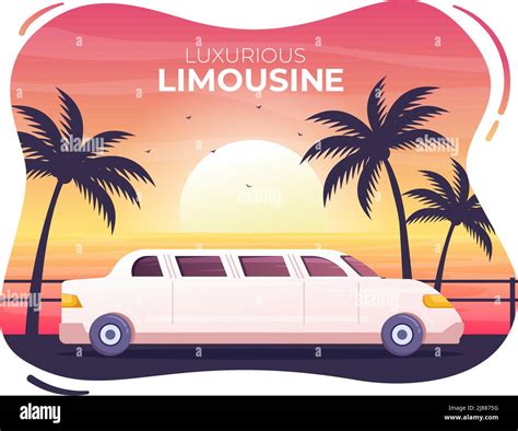 Limousine Car With Sunset Or Sunrise Views On The Beach In Flat Cartoon