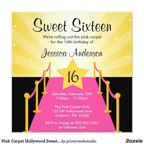 Pink Carpet Hollywood Sweet 16 Birthday Party Invitation
