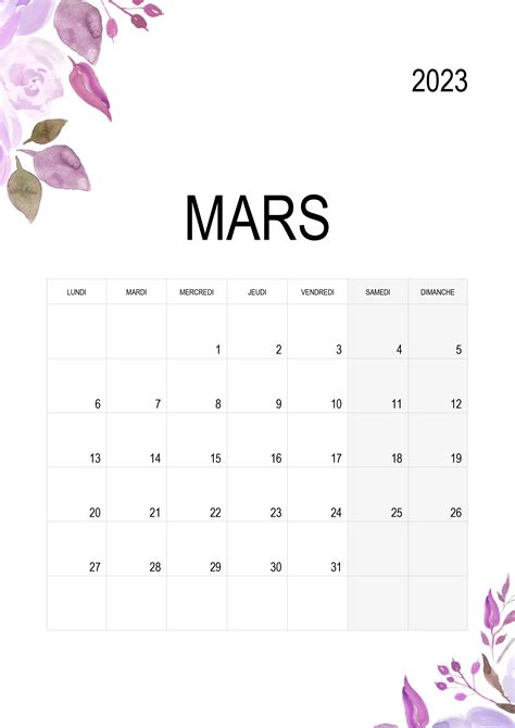 Calendrier 2023 Par Mois Excel Calendrier Mars 2023 Aria Art