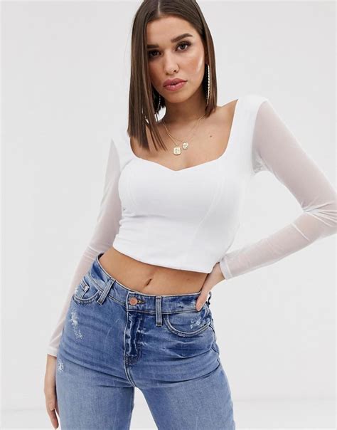 Asos Sweetheart Neck Top With Mesh Sleeve In White Lyst