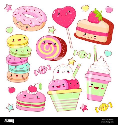 Set Of Cute Sweet Icons In Kawaii Style With Smiling Face And Pink