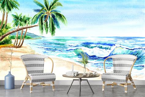 Tropical Beach Palm Tree Painting Wallpaper Wall Mural