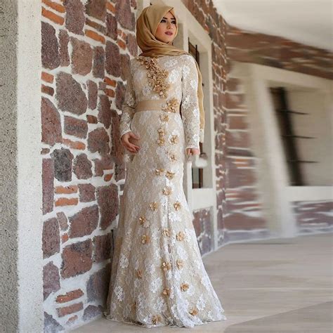 Champagne Muslim Evening Dress 2016 Elegant Turkish Formal Dress Hijab Long Sleeve Lace Mermaid