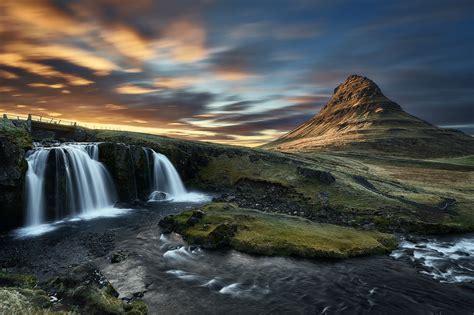 Download Waterfall Kirkjufoss Sunset Iceland Mountain Sky Nature