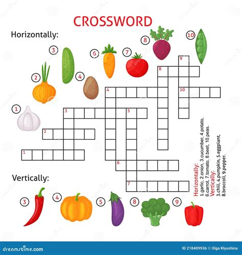 Easy Crossword Puzzle Name that Vegetable, for Children in Elementary