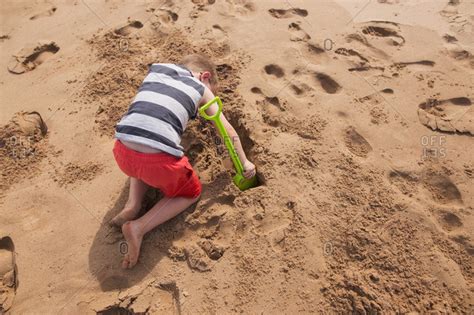 Boy Digging In Beach Sand Stock Photo Offset