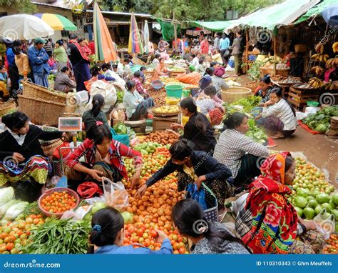 Myanmar Colorful Food Market With Fruits Vegetables And Local