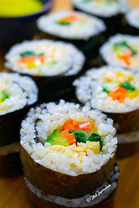 The flavor comes from sesame oil and individually seasoned meats and. VEGETARIAN KIMBAP (KOREAN SEAWEED RICE ROLL) - Gilded ...