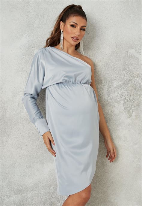 Grey Gathered Satin One Shoulder Maternity Dress Missguided Ireland
