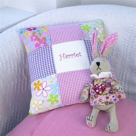 bright pink and purple name cushion by tuppenny house designs purple names patchwork cushion