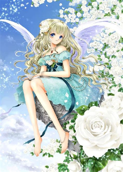 Garden Angel With Long Wavy Blond Hair Blue Eyes White Feather Wings