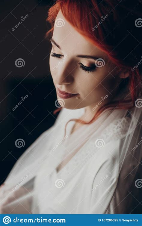 Stylish Bride In Silk Robe And Veil Posing Sensual Morning Portrait Of