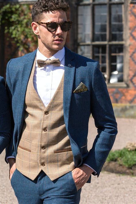 Dion Blue Tweed Check Suit With Dx7 Oak Waistcoat Wedding Suits