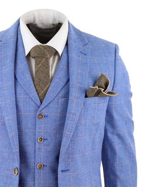 Mens Light Blue Linen 3 Piece Suit Buy Online Happy Gentleman