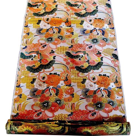 Magnificent Japanese Orange & Gilt Obi Fabric with Cranes from dynastycollections on Ruby Lane