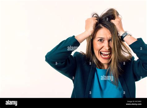 Screaming Woman Is Going Crazy Pulling Her Hair Stress Concept Stock