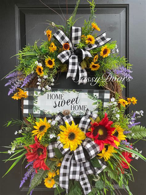 Summer Wreath Sunflower Front Door Wreath Home Sweet Home Wreath Sassy Doors Wreath