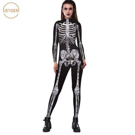 Istider Halloween Costume 3d Skeleton Jumpsuit Women Autumn Winter Long Sleeve Slim Bodysuit