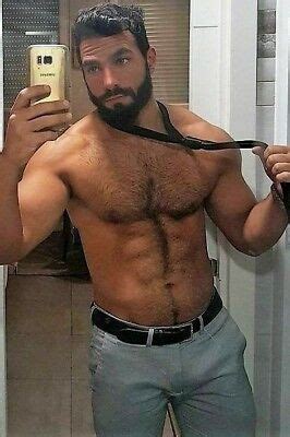 Shirtless Male Beefcake Hunk Muscular Beefy Hairy Chest Beard Guy Photo