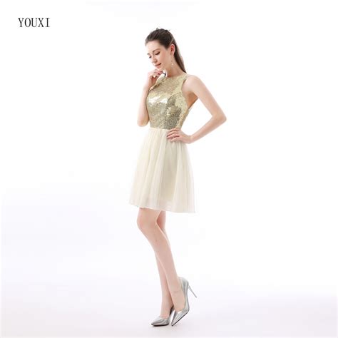 Charmming Short Chiffon With Top Champagne Gold Sequins Bridesmaid