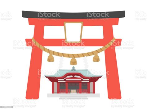 An Illustration Of A Torii Gate And The Exterior Of A Shrine Stock