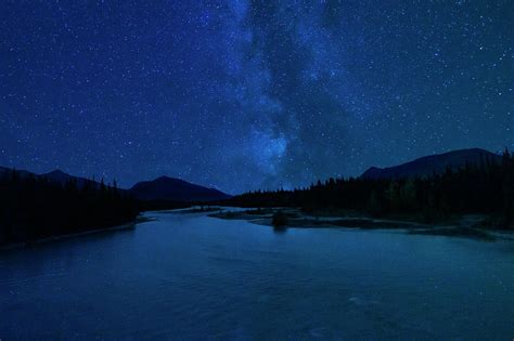 Stunning Milky Way Night Stars Over Mountain Wilderness River Pine