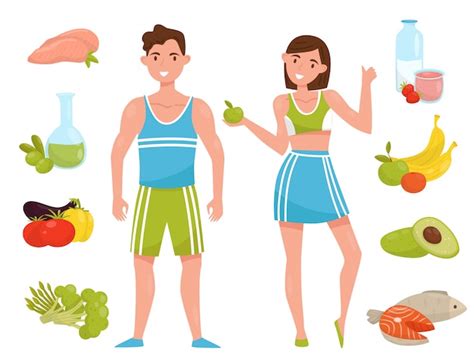 Personajes De Hombre Y Mujer Joven De Fitness Con Alimentos Saludables Personas Que Eligen