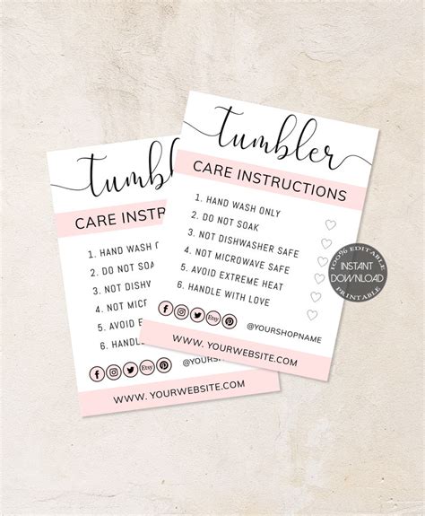 Tumbler Care Cards Printable Etsy Shop Small Business Insert Etsy Uk