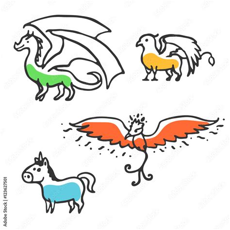 Set Of Cute Little Cartoon Mythical Beasts Dragon Griffin Unicorn