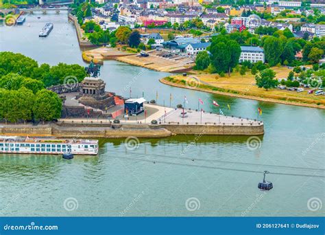 Aerial View Of Confluence Of Rhein And Mosel Rivers In Koblenz Germany