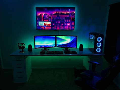 Super Well Lit And Well Organized Setup With A Giant Tv