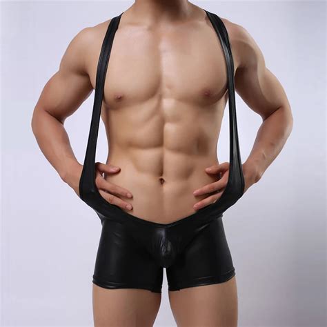 Men Bodysuit Sexy Faux Leather Pu Mankini Underwear Cosplay Costume Nightclub Teddies Suspender