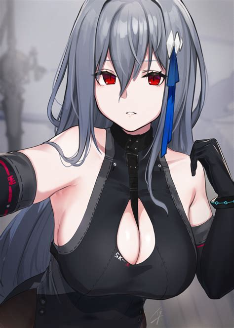 big boobs red eyes looking at viewer hayabusa artist anime anime girls boobs gray hair