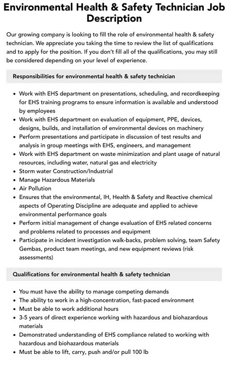 Environmental Health And Safety Technician Job Description Velvet Jobs