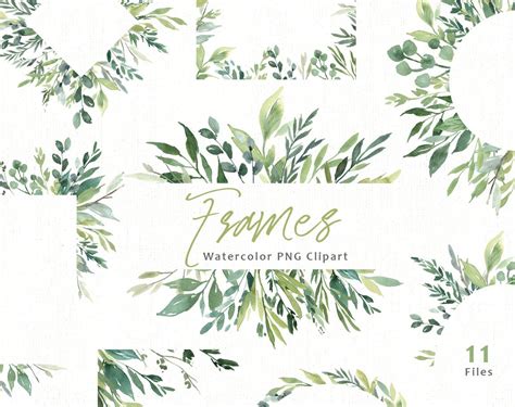 Watercolor Greenery Frames Borders Png Clipart Green Leaves Etsy