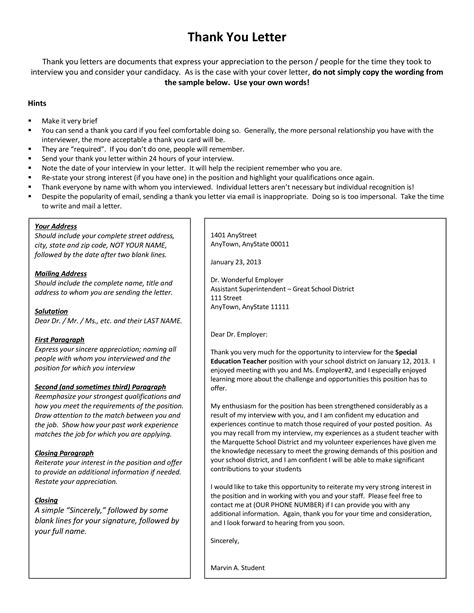 Special Education Teacher Position Interview Thank You Letter
