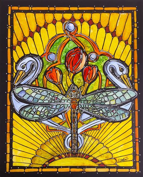 Dragonfly And Swans Art Nouveau Print Home Decor 8x10 Paper