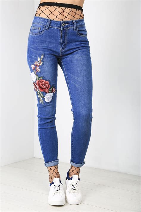 You can keep it as simple as a few small designs on a pocket or as bold as covering the back of a jacket. Womens Denim Jeans Fade Flower Rose Embroidered Skinny Fit ...