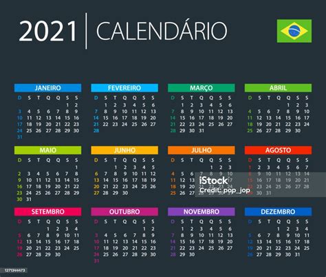 Vetores De Calendário 2021 Brasil Ilustração Vetorial De Cores Versão