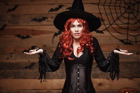 Free Photo Halloween Witch Concept Fulllength Happy Halloween Red