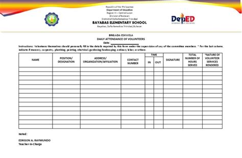 Brigada Eskwela Attendance Sheet Pdf