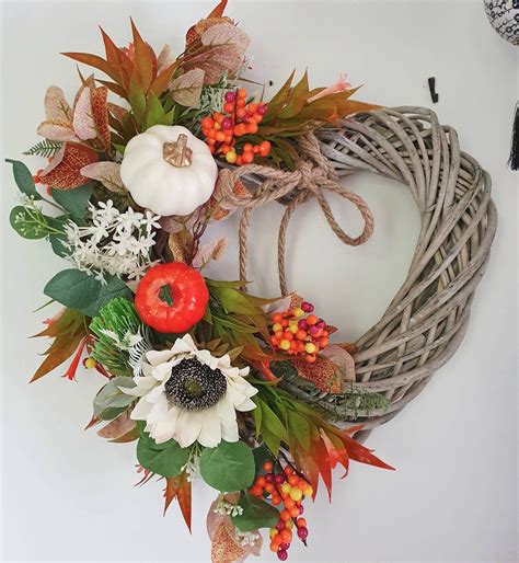 Autumn Wicker Heart Door Wreath With Pumpkins Berries And Etsy