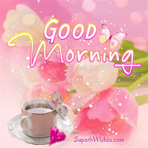 Beautiful Good Morning Animated  With Teacup Flowers Superbwishes