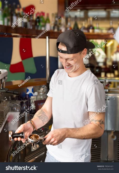 Laughing Cheerful Casually Dressed Barman Bartender Stock Photo