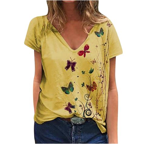 Testy Womens Plus Size Clearance Fashion Woman V Neck Summer Short Sleeve Butterfly Prints