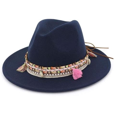 Womens Felt Fedora Hat Wide Brim Panama Hats With Tassel Blue