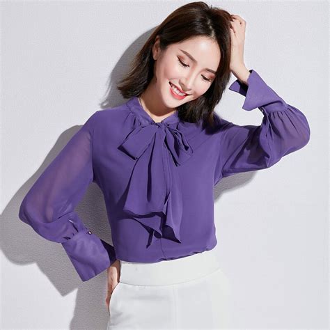 Spring Women Purple Feminine Blouses Office Wear Ladies Shirt Elegant Long Sleeve Chiffon Blouse