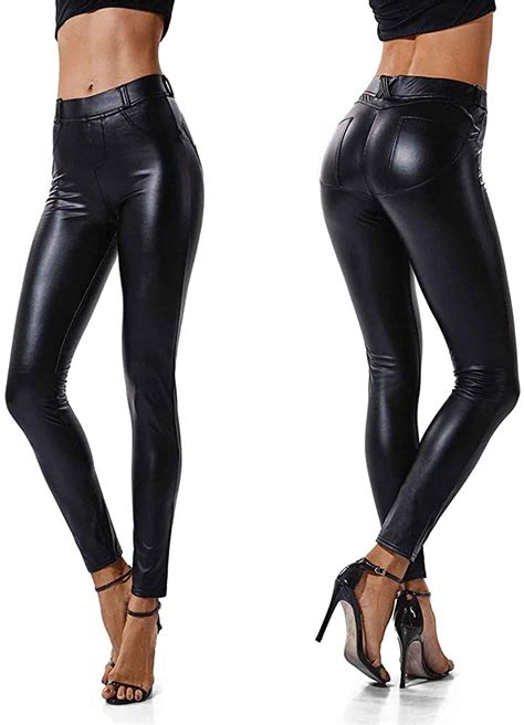 Seasum Womens Faux Leather Leggings Pants Pu Elastic Shaping Hip Push Up Black Ebay